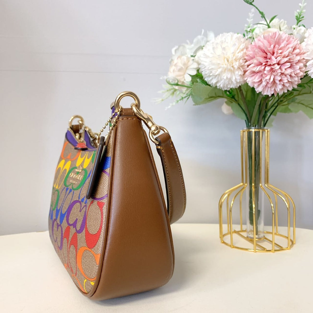 Coach CA176 Teri Shoulder Bag In Rainbow Signature Canvas In Gold/Khaki Multi Coach CA176 Teri Shoulder Bag In Rainbow Signature Canvas In Gold/Khaki Multi